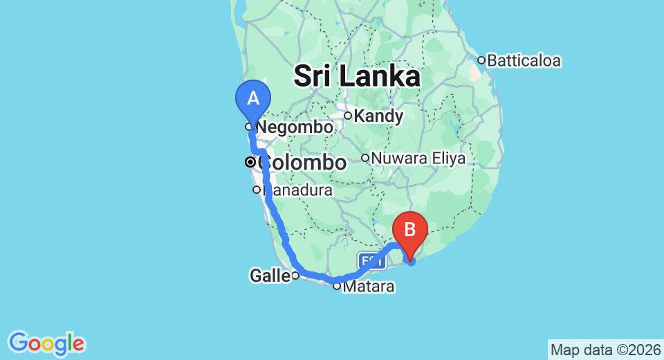 Driving route map: Colombo Airport (CMB) to Peacock Beach Hotel, Hambantota (270 km, approx 3 h 26 min private transfer)