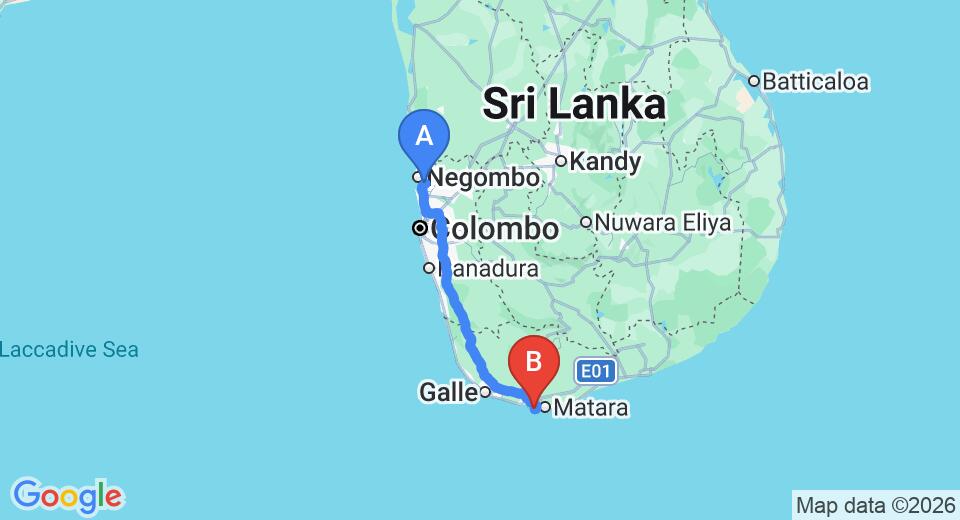 Driving route map: Colombo Airport (CMB) to Sri Sharavi Beach Villas, Mirissa (180 km, approx 2 h 36 min private transfer)