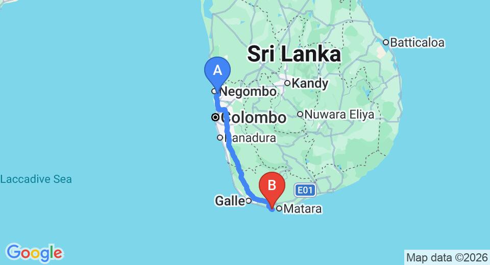 Driving route map: Colombo Airport (CMB) to Triple O Six, Mirissa (178 km, approx 2 h 35 min private transfer)