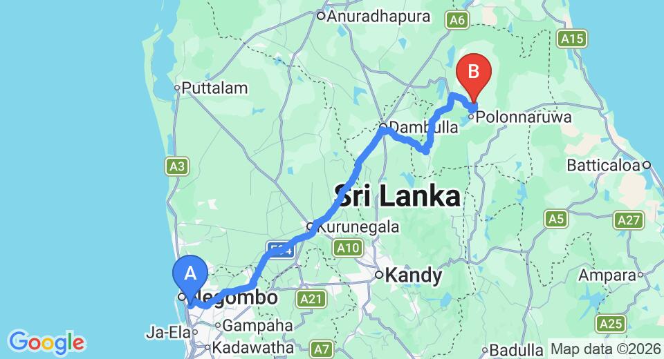 Driving route map: Colombo Airport (CMB) to VGN Homestay, Polonnaruwa (200 km, approx 4 h 9 min private transfer)