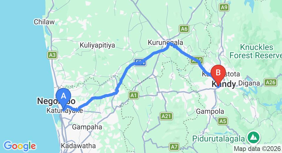 Driving route map: Colombo Airport (CMB) to Sanatha Suwaya, Kandy (112 km, approx 2 h 46 min private transfer)