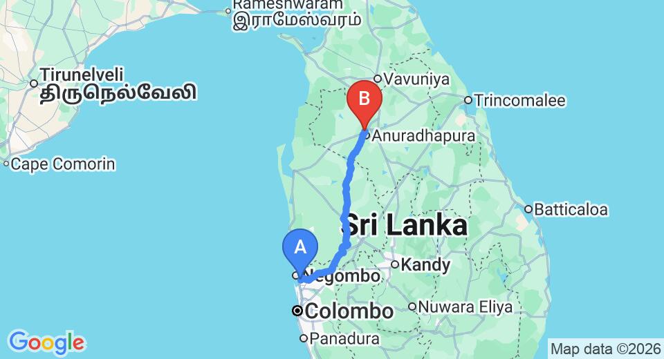 Driving route map: Colombo Airport (CMB) to The Sanctuary at Tissawewa, Anuradhapura (174 km, approx 3 h 45 min private transfer)