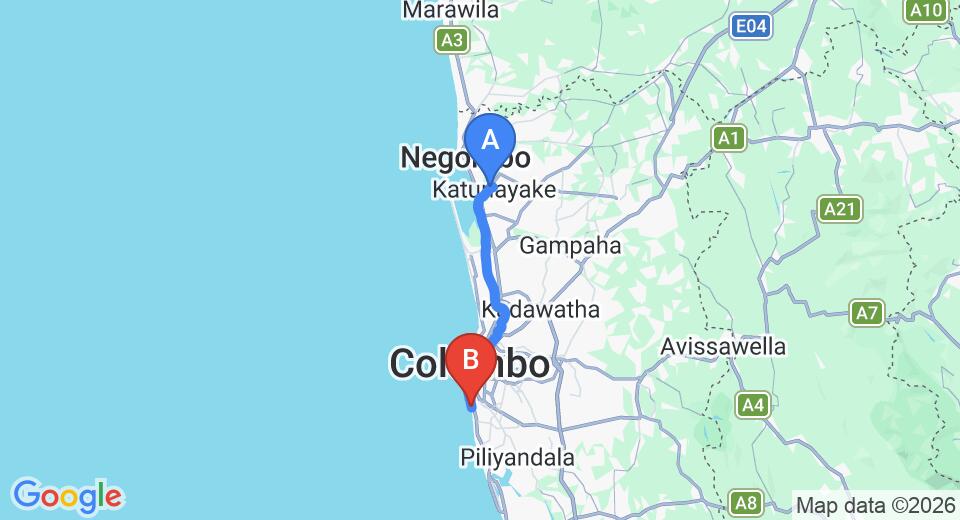 Driving route map: Colombo Airport (CMB) to Mirage Colombo, Colombo (39 km, approx 57 min private transfer)
