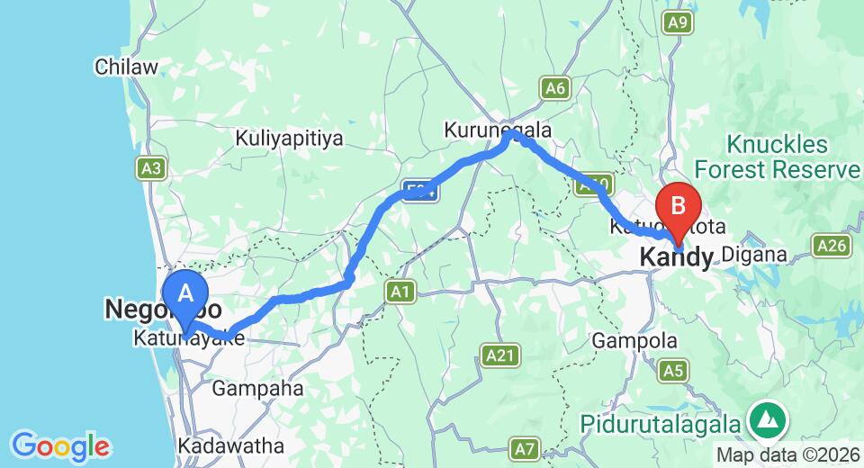 Driving route map: Colombo Airport (CMB) to Kandy way grand Hotel, Kandy (113 km, approx 2 h 46 min private transfer)