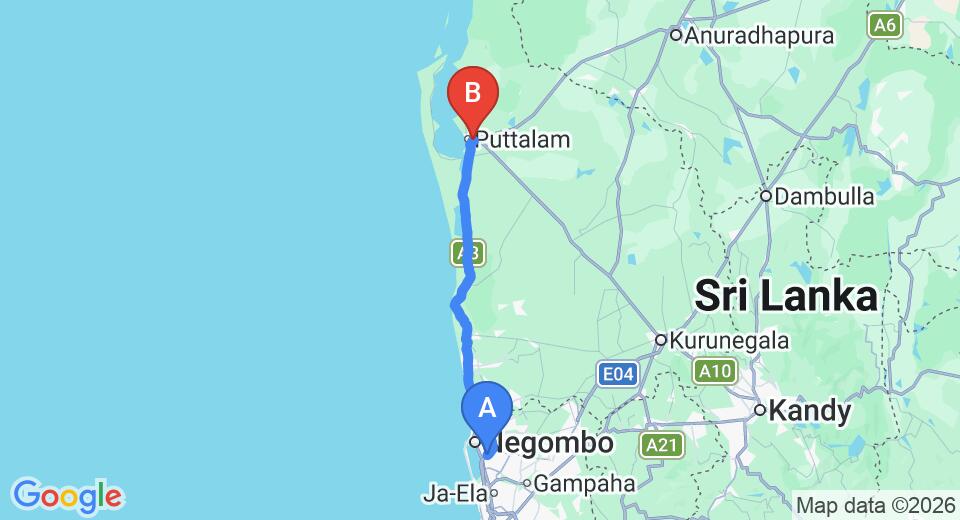 Driving route map: Colombo Airport (CMB) to The Grove, Puttalam (106 km, approx 2 h 38 min private transfer)
