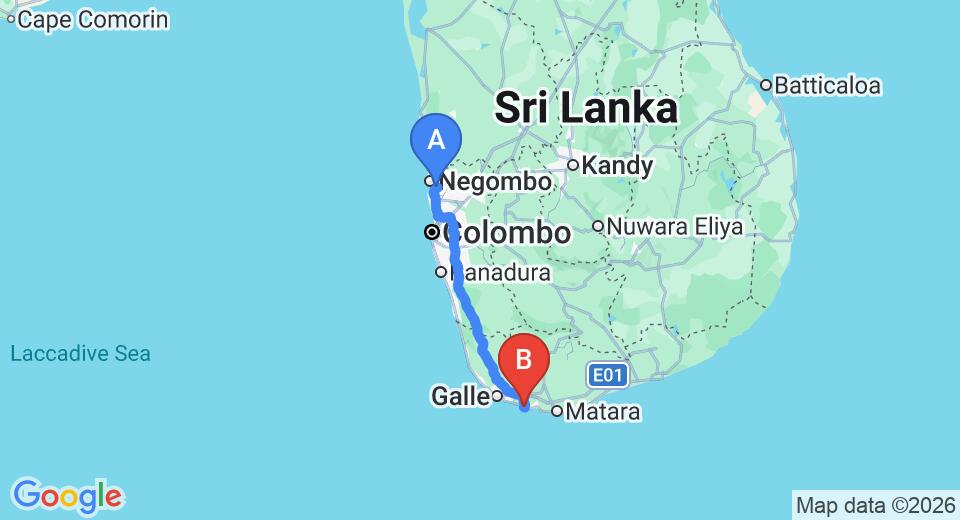 Driving route map: Colombo Airport (CMB) to Hotel Ahangama Easy Beach, Ahangama (166 km, approx 2 h 24 min private transfer)