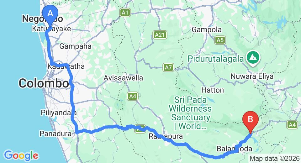 Driving route map: Colombo Airport (CMB) to Landa Holiday House, Belihuloya (176 km, approx 4 h 5 min private transfer)