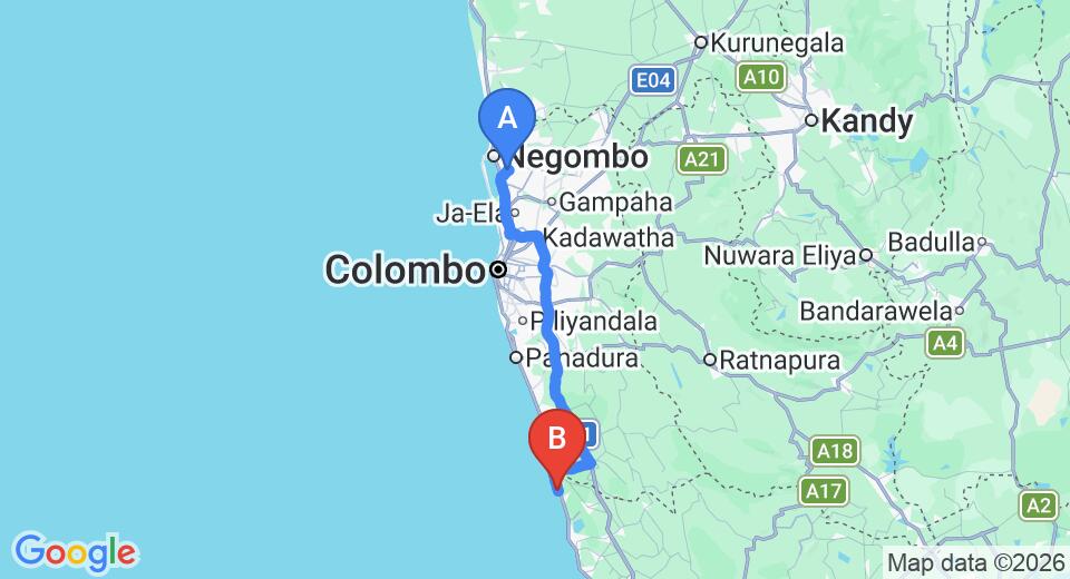 Driving route map: Colombo Airport (CMB) to Janus Paradise Rest, Induruwa (112 km, approx 1 h 46 min private transfer)