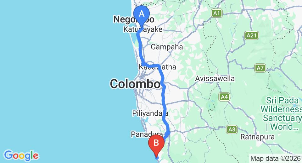 Driving route map: Colombo Airport (CMB) to Tangerine Beach Hotel, Kalutara (81 km, approx 1 h 26 min private transfer)