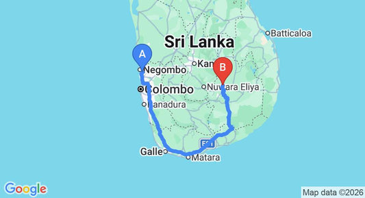 Driving route map: Colombo Airport (CMB) to Green Wood Holiday Inn, Badulla (353 km, approx 5 h 29 min private transfer)