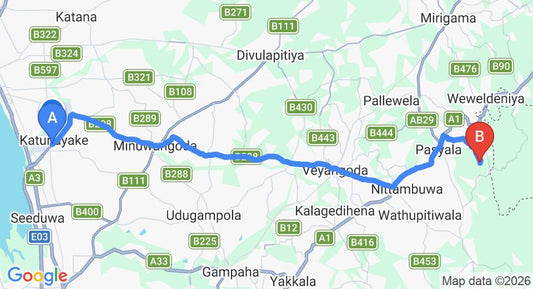 Driving route map: Colombo Airport (CMB) to Debahera (36 km, approx 1 h 13 min private transfer)