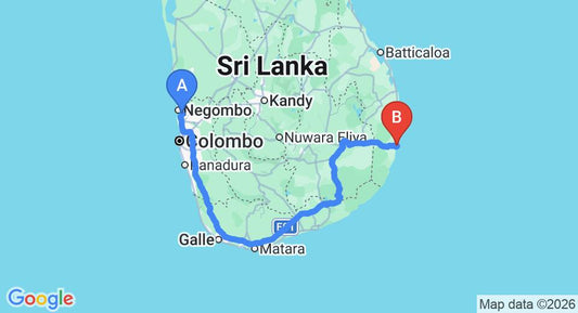 Driving route map: Colombo Airport (CMB) to Kottukal Beach House, Arugam Bay (416 km, approx 6 h 25 min private transfer)