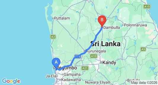 Driving route map: Colombo Airport (CMB) to Dambulla (129 km, approx 2 h 47 min private transfer)