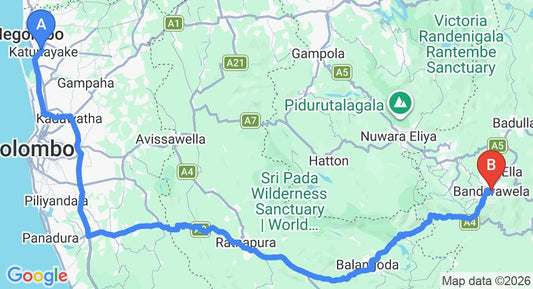 Driving route map: Colombo Airport (CMB) to Bandarawela (220 km, approx 5 h 23 min private transfer)