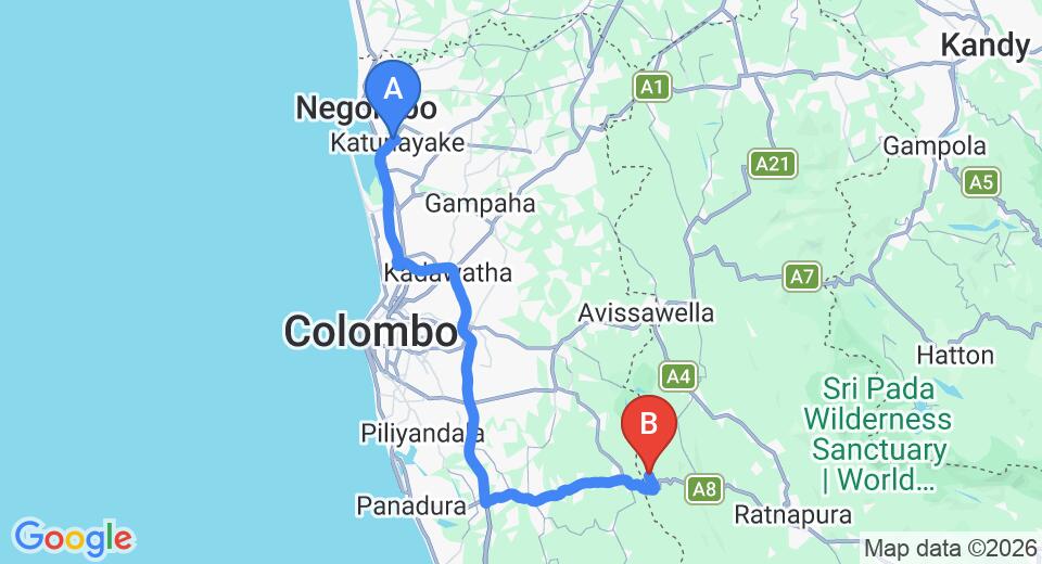 Driving route map: Colombo Airport (CMB) to The Retreat, Ingiriya (92 km, approx 1 h 50 min private transfer)