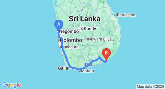 Driving route map: Colombo Airport (CMB) to Back of Beyond - Safari Lodge, Yala (299 km, approx 4 h 20 min private transfer)