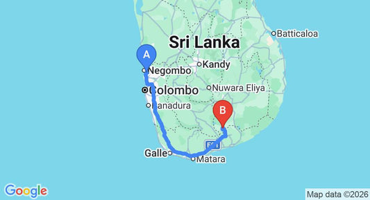 Driving route map: Colombo Airport (CMB) to Governors Camp Udawalawe, Udawalawe (259 km, approx 3 h 29 min private transfer)