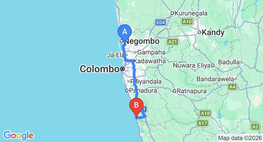 Driving route map: Colombo Airport (CMB) to Apsara Villa, Bentota (106 km, approx 1 h 36 min private transfer)