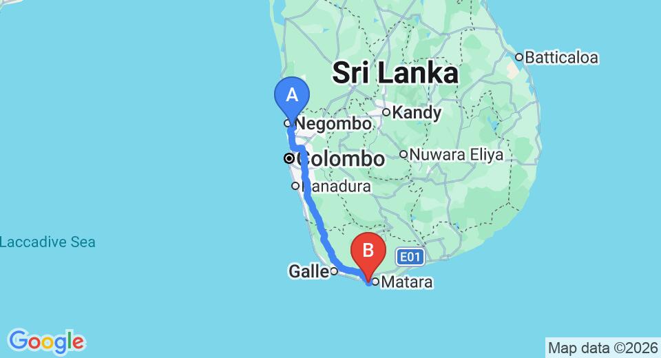 Driving route map: Colombo Airport (CMB) to The Beach House by Reveal, Mirissa (179 km, approx 2 h 36 min private transfer)