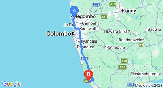 Driving route map: Colombo Airport (CMB) to Villa Lighthouse, Hikkaduwa (142 km, approx 2 h 6 min private transfer)
