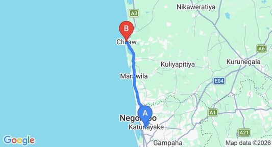 Driving route map: Colombo Airport (CMB) to Chilaw (53 km, approx 1 h 29 min private transfer)