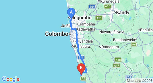 Driving route map: Colombo Airport (CMB) to Sea Face Villa hikkaduwa west, Hikkaduwa (133 km, approx 2 h 3 min private transfer)