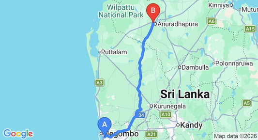 Driving route map: Colombo Airport (CMB) to Kubura Resort, Anuradhapura (171 km, approx 3 h 39 min private transfer)