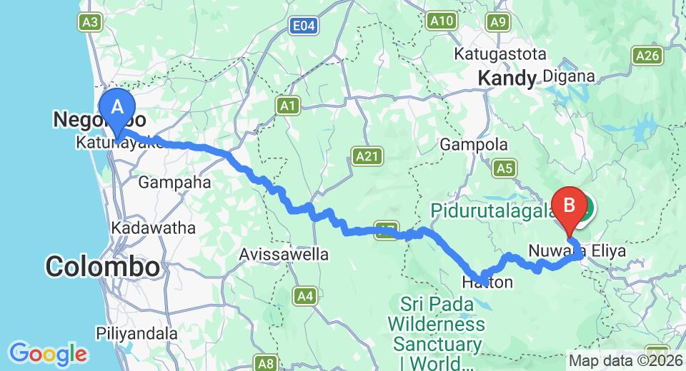 Driving route map: Colombo Airport (CMB) to The Clovelly Bungalow, Nuwara Eliya (156 km, approx 4 h 50 min private transfer)