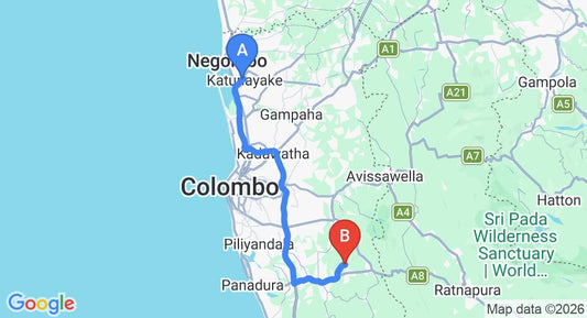Driving route map: Colombo Airport (CMB) to Tranquilla Holiday Bungalow, Horana (80 km, approx 1 h 29 min private transfer)