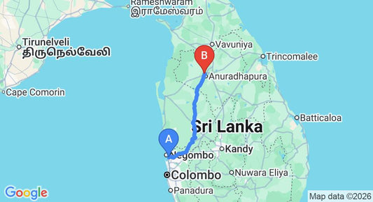 Driving route map: Colombo Airport (CMB) to Boa Vista Guest House, Anuradhapura (175 km, approx 3 h 46 min private transfer)