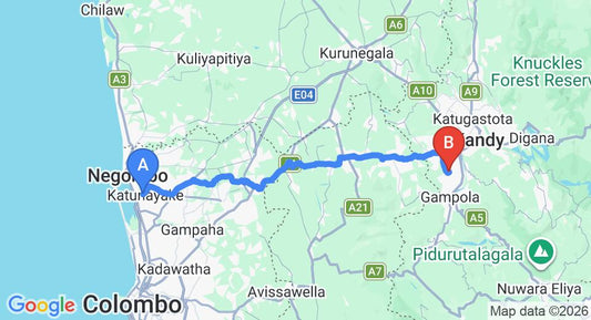 Driving route map: Colombo Airport (CMB) to Embekke (98 km, approx 2 h 52 min private transfer)