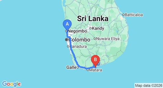 Driving route map: Colombo Airport (CMB) to Lansiya, Tangalle (211 km, approx 2 h 50 min private transfer)