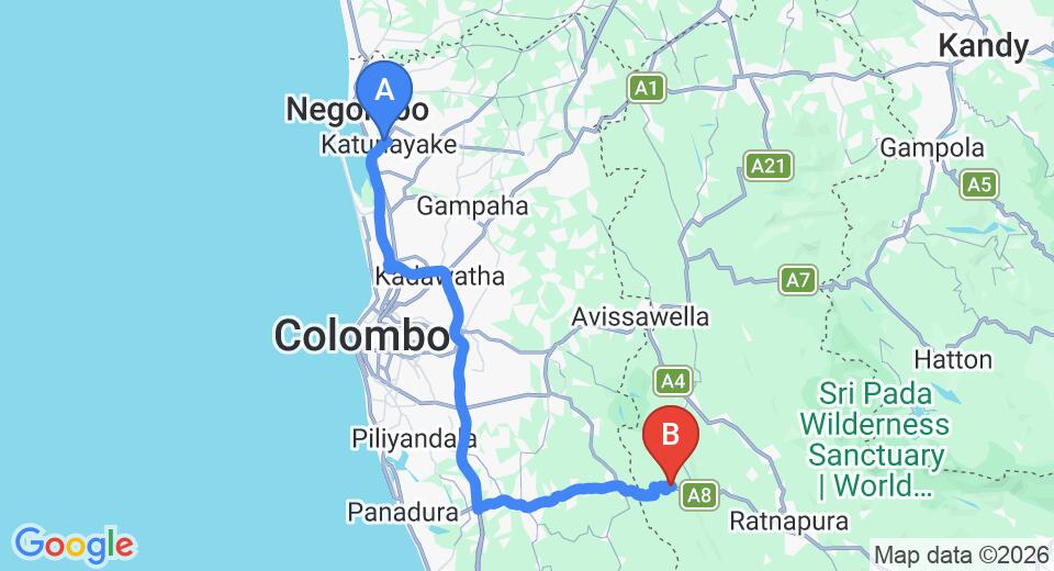 Driving route map: Colombo Airport (CMB) to Wijaya Holiday Resort, Kiriella (97 km, approx 1 h 55 min private transfer)
