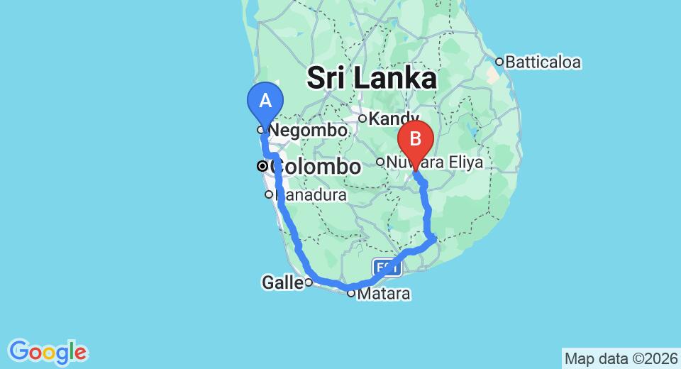 Driving route map: Colombo Airport (CMB) to The Secret Ella, Ella (337 km, approx 5 h 0 min private transfer)