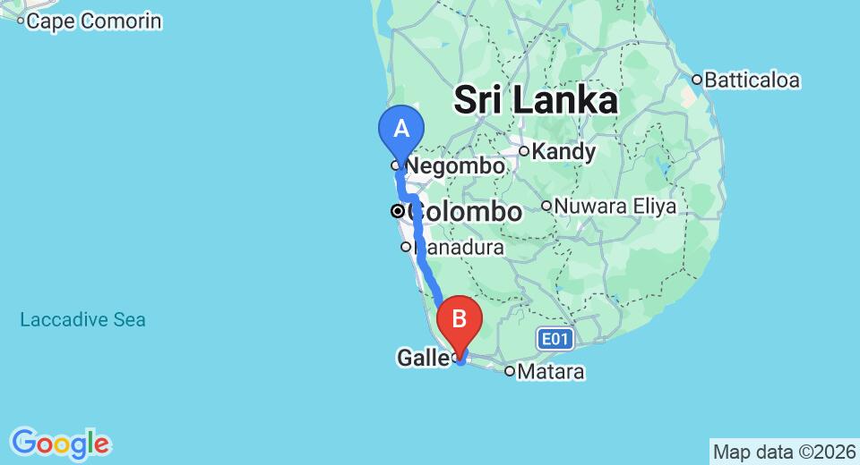 Driving route map: Colombo Airport (CMB) to Thaproban Pavilion Resort and Spa, Unawatuna (153 km, approx 2 h 14 min private transfer)