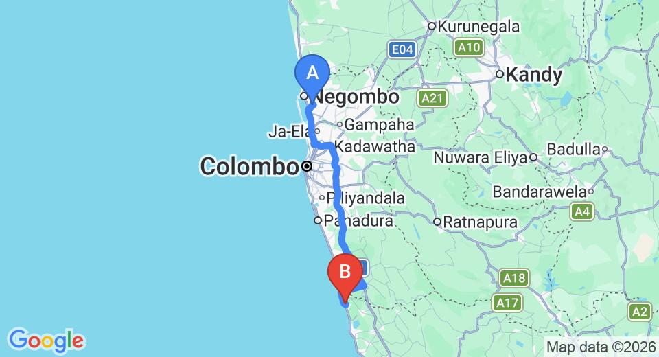 Driving route map: Colombo Airport (CMB) to Oruwa Ayurvedic Hideaway, Induruwa (114 km, approx 1 h 51 min private transfer)