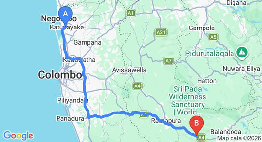 Driving route map: Colombo Airport (CMB) to Pelmadulla (140 km, approx 3 h 7 min private transfer)