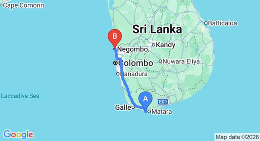 Driving route map: Mirissa to Negombo (180 km, approx 2 h 39 min private transfer)