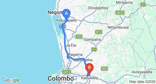 Driving route map: Colombo Airport (CMB) to Biyagama Village, Biyagama (38 km, approx 38 min private transfer)
