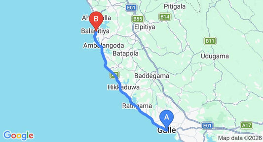Driving route map: Galle to Balapitiya (38 km, approx 1 h 4 min private transfer)