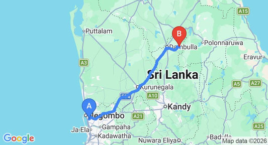 Driving route map: Colombo Airport (CMB) to Etukala (146 km, approx 3 h 14 min private transfer)