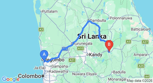Driving route map: Colombo Airport (CMB) to Adaviya Resort, Mahiyanganaya (220 km, approx 4 h 37 min private transfer)
