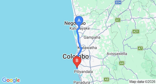 Driving route map: Colombo Airport (CMB) to Cottage Garden, Mount Lavinia (43 km, approx 1 h 10 min private transfer)