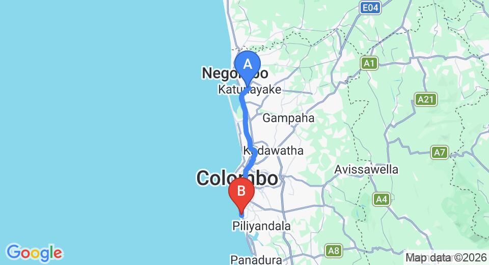 Driving route map: Colombo Airport (CMB) to Sea Shells Enterprises, Mount Lavinia (43 km, approx 1 h 10 min private transfer)