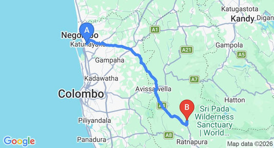 Driving route map: Colombo Airport (CMB) to Bopath Falls Rock Chalets, Ratnapura (87 km, approx 2 h 30 min private transfer)