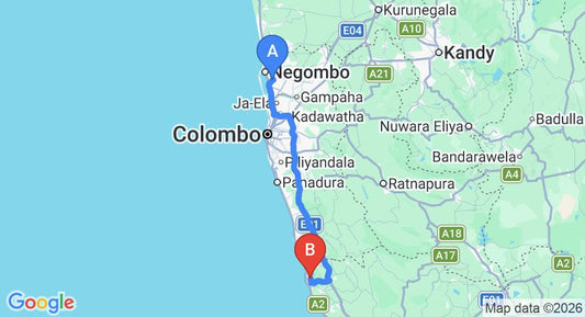 Driving route map: Colombo Airport (CMB) to Maduganga Villa Amazing Island Resort, Balapitiya (130 km, approx 1 h 58 min private transfer)