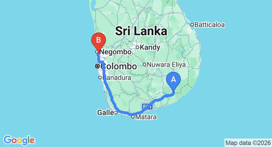 Driving route map: Kataragama to Colombo Airport (CMB) (282 km, approx 3 h 40 min private transfer)
