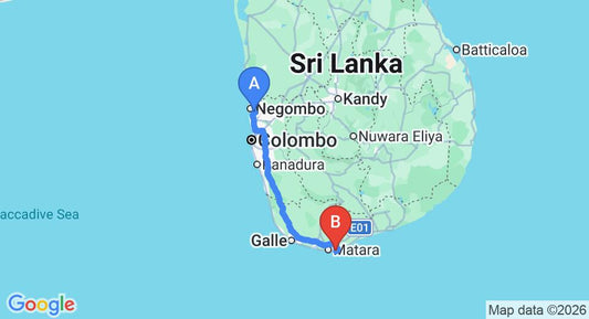Driving route map: Colombo Airport (CMB) to Gandara (199 km, approx 2 h 48 min private transfer)