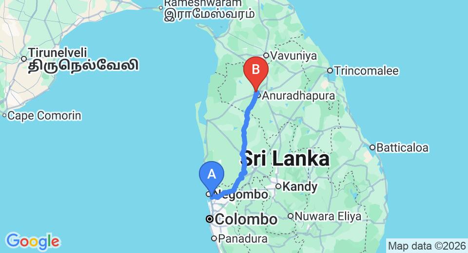Driving route map: Colombo Airport (CMB) to Tisawewa Holiday Bungalow, Anuradhapura (176 km, approx 3 h 48 min private transfer)