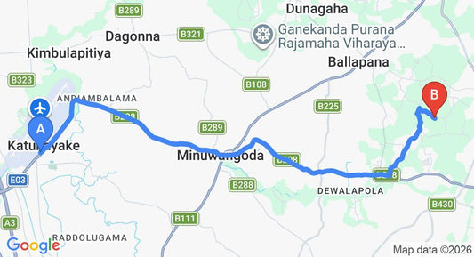 Driving route map: Colombo Airport (CMB) to Essella (20 km, approx 40 min private transfer)